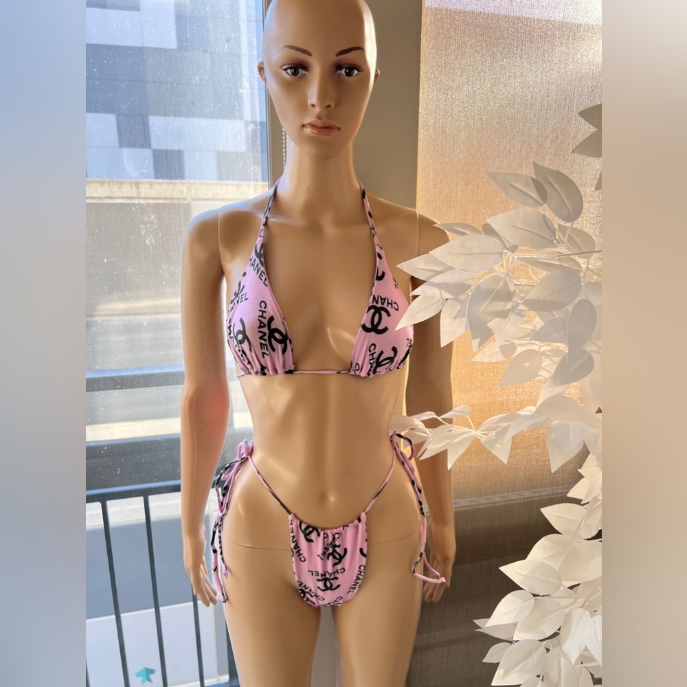 Handmade/ Custom Made Pink Monogram Print Double C Bikini